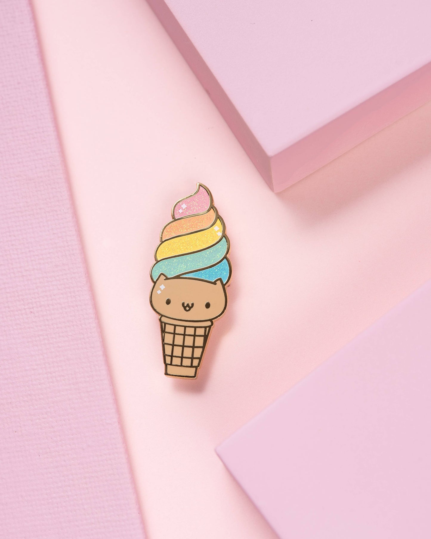 Soft Serve Ice Cream Rainbow Cat Glitter Enamel Pin • Limited Edition