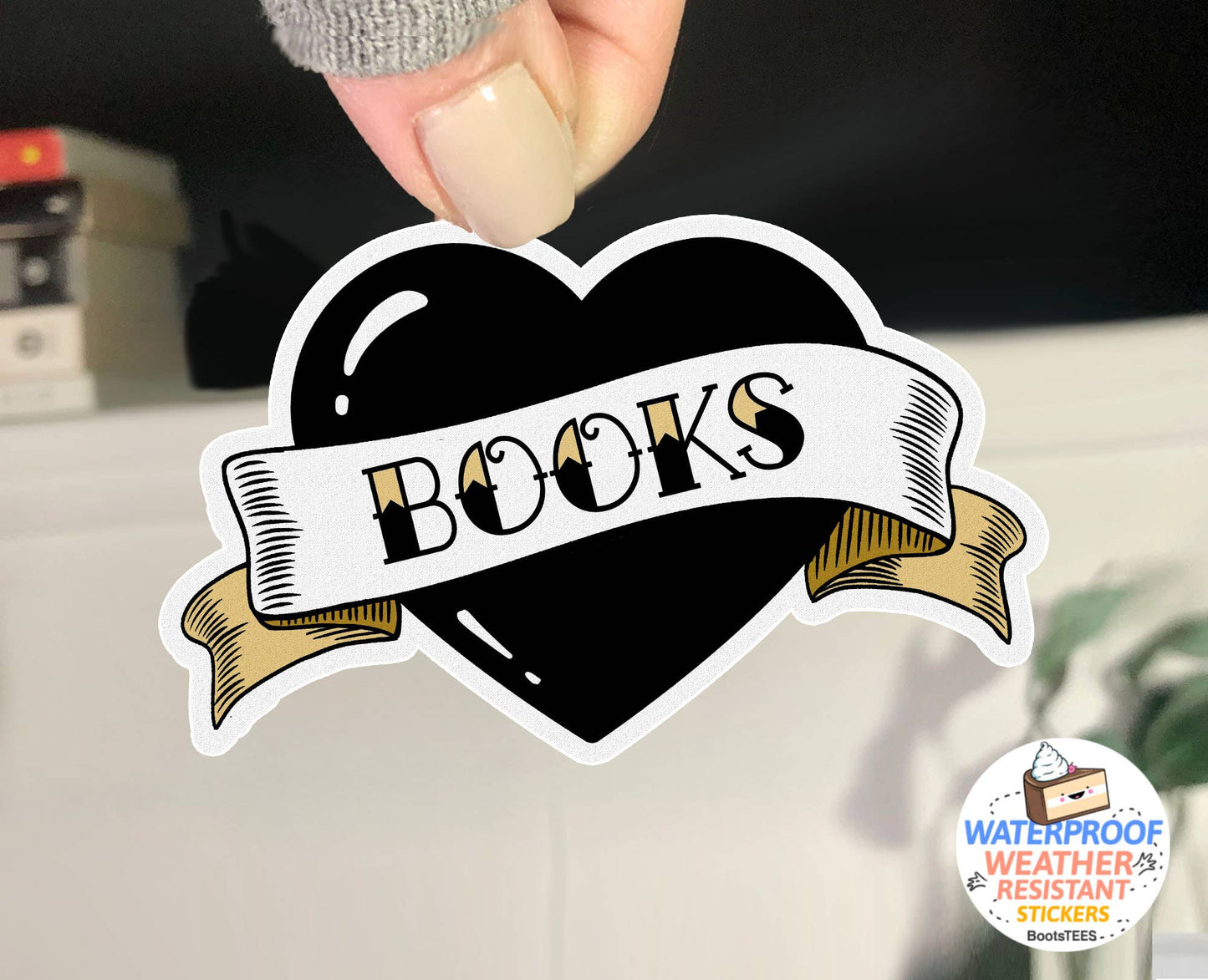 BootsTees - Book Heart Sticker, 3" Waterproof Decal for Valentine's Day